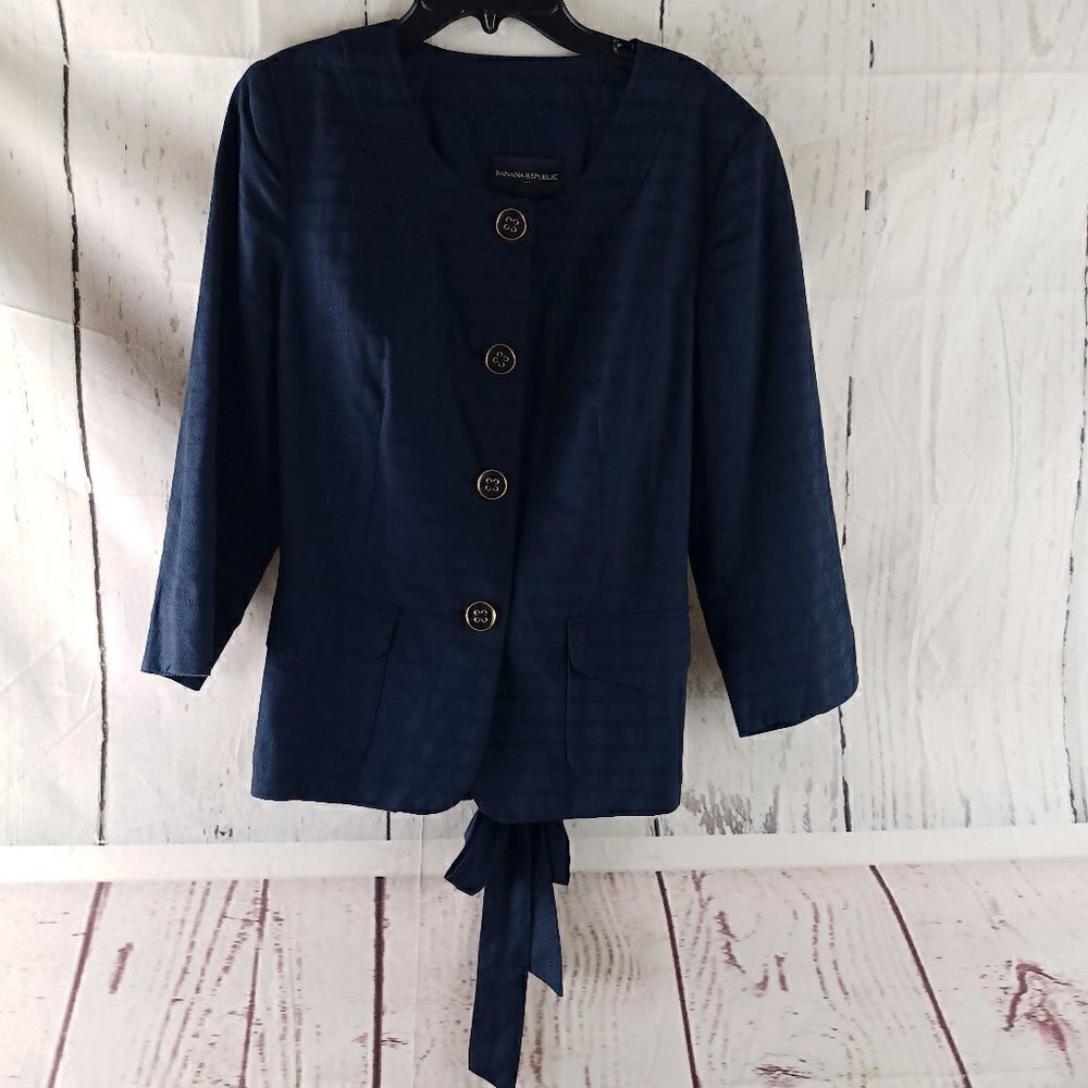 Banana Republic Sz 12 Cotton Blend Blue Striped 3/4 Sleeve Front Pockets Blouse